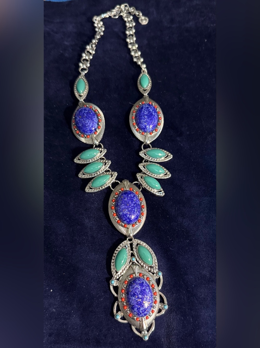 Blue & Turquoise Statement Necklace with Red Accents by Robert Graziono